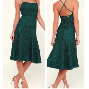 Lulus Magic Moments Forest Green Lace-Up Lace Midi Dress